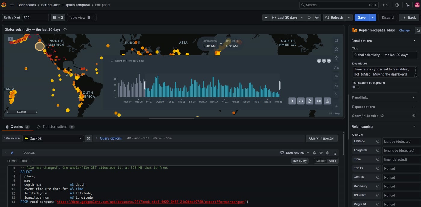 A point layer with its time filter: latitude, longitude and time detected from the query, and the timeline animating thirty days of global seismicity
